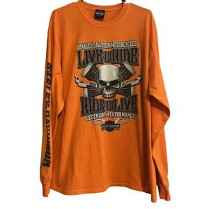 Harley-Davidson Shirt Mens Large Orange Long Sleeve Motorcycle Live to Ride